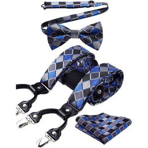 HISDERN Bow Tie and Suspenders for Men Suspender and Bowtie Handkerchief Set
